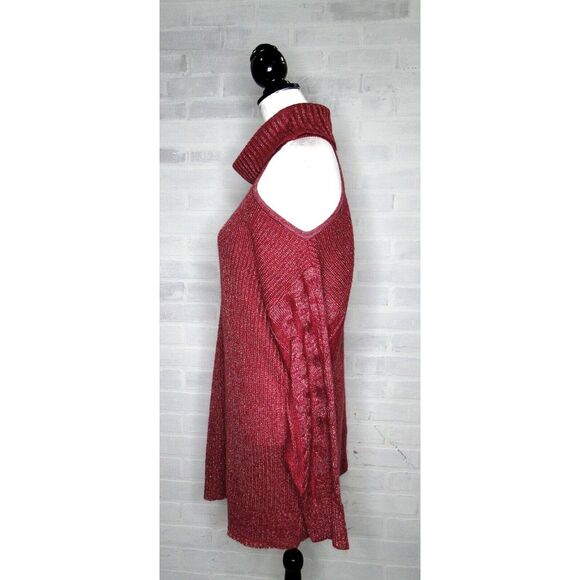Torrid Sweater Women Size 2 Red Metallic Knit Turtle-Neck Cold Shoulder Pullover - Picture 2 of 6